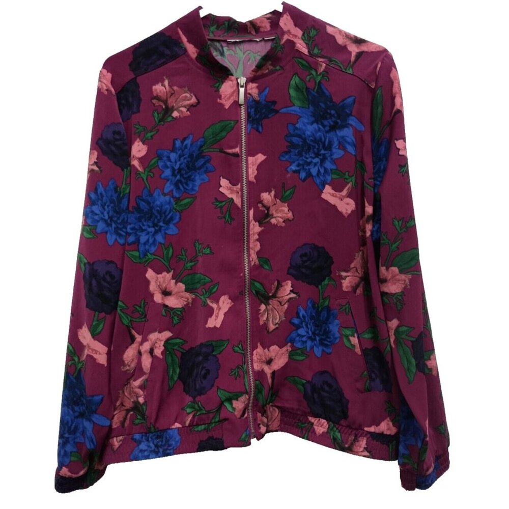 Susan Grave Bomber Jacket Womens Large Purple Blue Floral Full Zip Lightweight